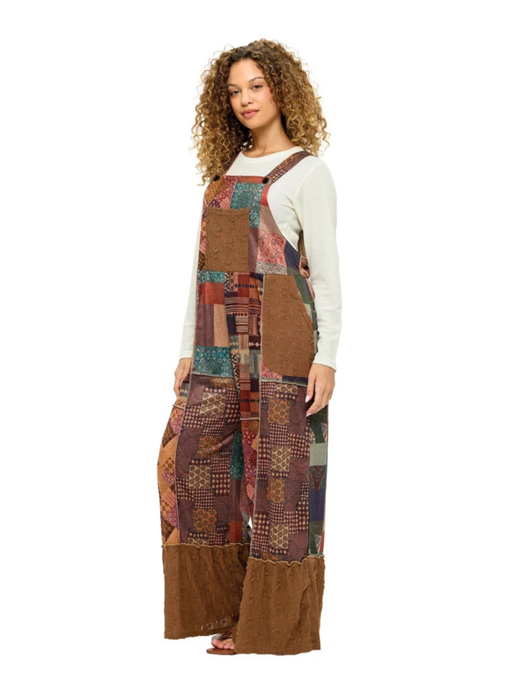 26818 | Yak & Yeti Boho Patchwork Floral Ruffled Hem Overalls | Sizes S/M-L/XL - Picture 3 of 4